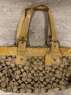 Coach Brown Signature Canvas Tote with Mustard Patent Trim